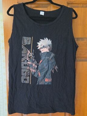 Black Anime Graphic Tank Top with Bakugo Print